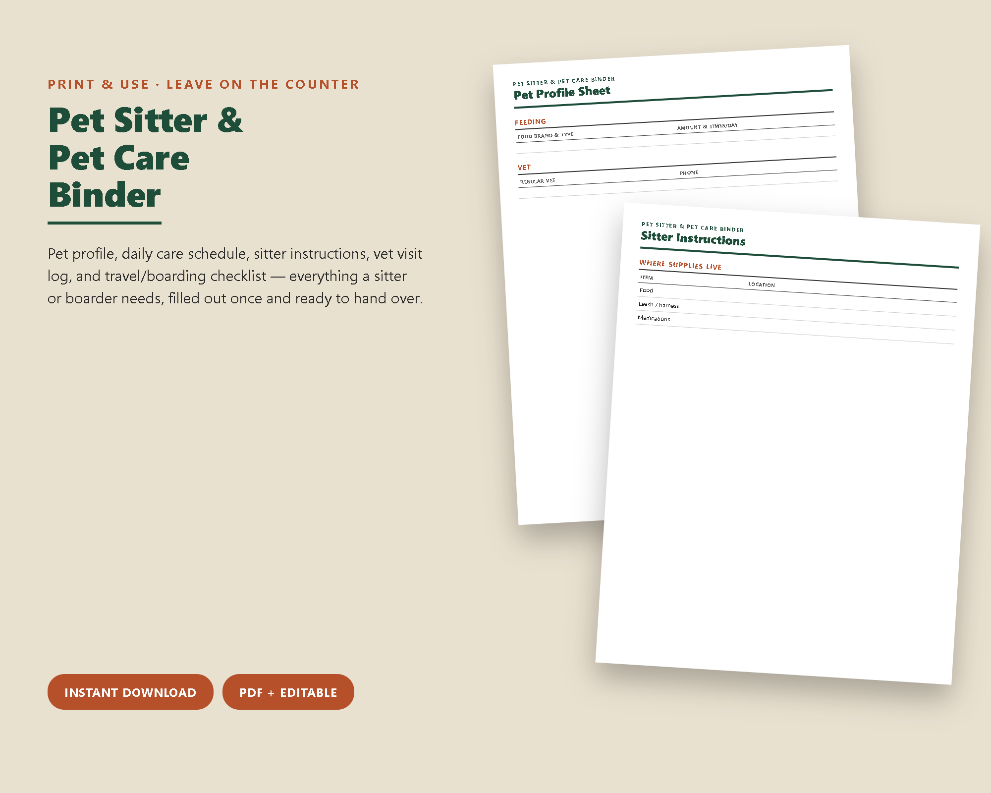 Pet Sitter Instructions Binder cover page
