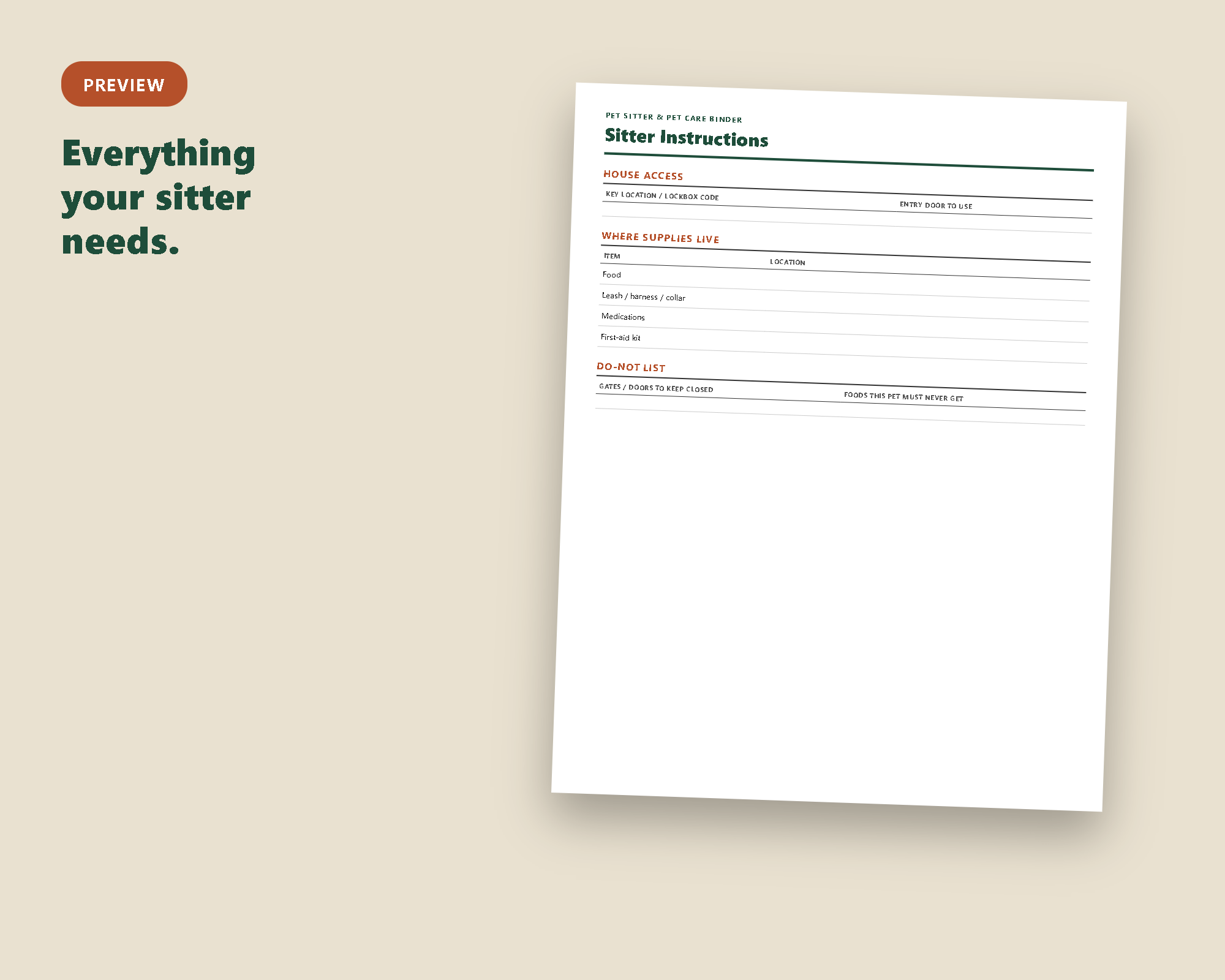 Sample page from the Pet Sitter Instructions Binder